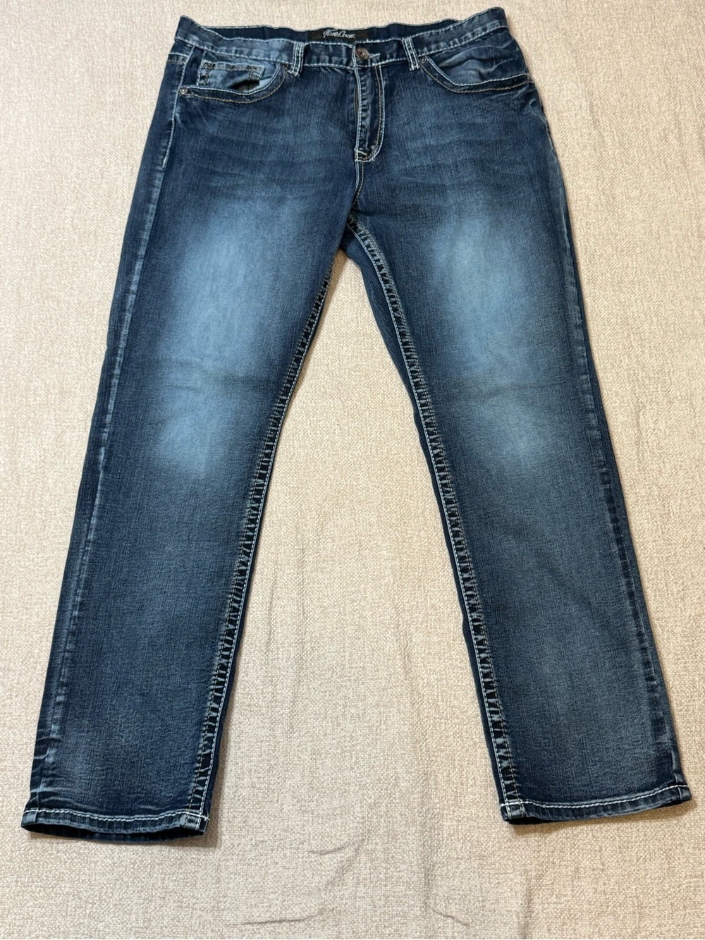 True Luck Jeans Mens 38x32 Y2K Dark Wash Thick Stitch Bootcut Grunge Denim